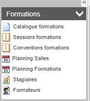 Menu du module Formations du logiciel de gestion pour organisme de formation élaboré par D-CISIF