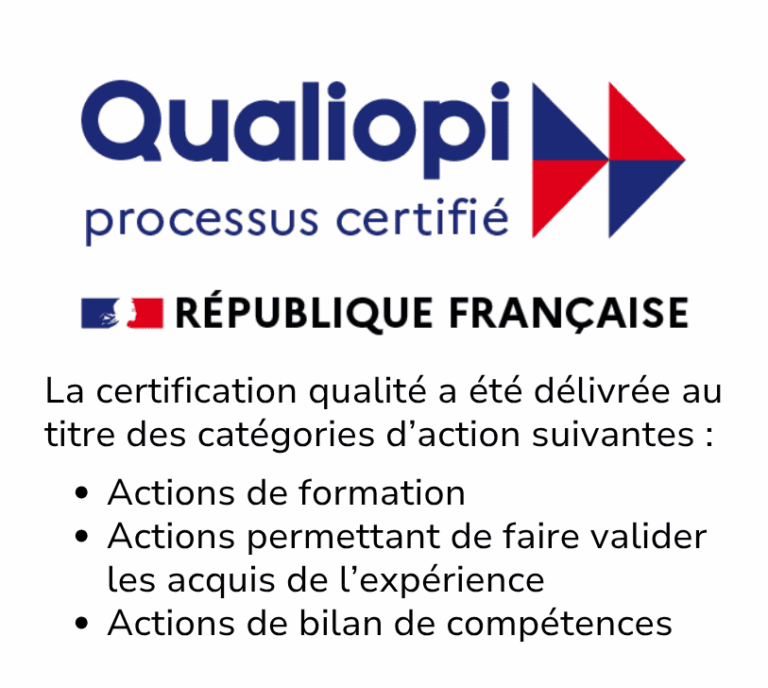 Logo Qualiopi validé pour D-CISIF pour 3 actions: formation, validation des acquis de l'expérience, bilan de compétences